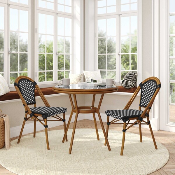 Flash Furniture Bordeaux French Bistro 31.5in. Table, Black and White PE Rattan, Glass Top w/2 Stack Chairs SDA-AD641012-80-2001-BKWH-NAT-GG - main